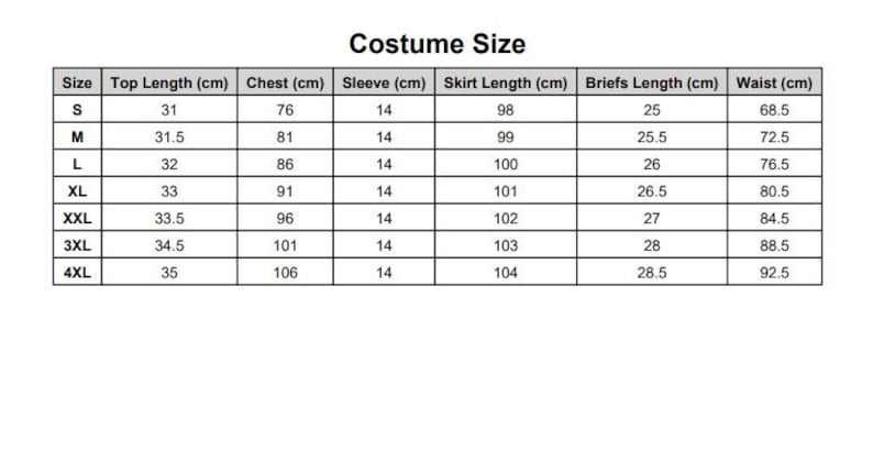 May include: A white chart titled "Costume Size" with measurements in centimeters. The chart includes sizes S to 4XL, listing top length, chest, sleeve, skirt length, briefs length, and waist measurements.