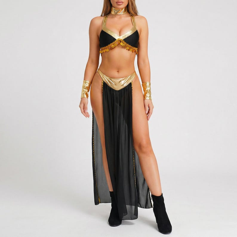 May include: A black and gold costume set. The set includes a halter top, a skirt with high slits, a choker, and arm cuffs. The top and skirt have gold accents. The costume is made of a sheer black fabric.