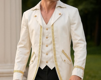 May include: Cream-colored formal jacket with gold trim and buttons, paired with a matching vest and black trousers. The jacket features a long, tailored design with decorative pockets, suitable for special events.
