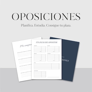 Può includere: Un set di pagine di pianificazione dello studio per la preparazione agli esami. Il testo in alto recita OPOSICIONES Planifica. Estudia. Consigue tu plaza. Le pagine includono sezioni intitolate Mi compromiso e FINANZAS DEL OPOSITOR con tabelle.
