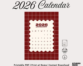 2026 Boutique Wall Calendar, Portrait Monthly Calendar (Printable PDF)