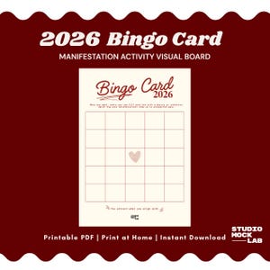 Puede incluir: Una tarjeta de bingo color crema con el texto "2026 Bingo Card" y "Manifestation Activity Visual Board" en fuente burdeos. La tarjeta tiene una cuadrícula de casillas, un gráfico de corazón y el texto "You attract what you align with."