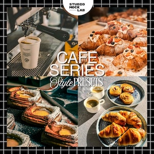 Op de afbeelding: Een collage van café-afbeeldingen met een espressomachine die koffie in een papieren beker schenkt, croissants met room en bessen, vierkant gebak bestrooid met poedersuiker, en borden met gouden croissants en koffiebroodjes met de tekst CAFE SERIES Style PRESETS.