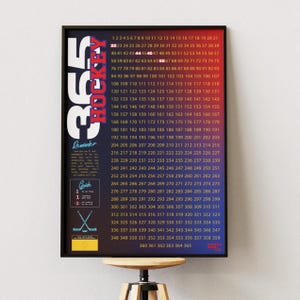 May include: A framed 365 Hockey Reminder poster with a black frame. The poster features a red, white, and blue gradient background with a list of numbers and the word "Hockey" in large white letters.