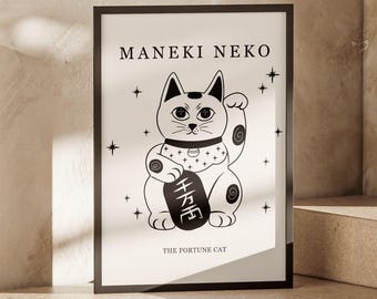Maneki Neko Decor, Fortune Symbol Print, Mid-Century Lucky Cat Poster, Japanese Cat Wall Art