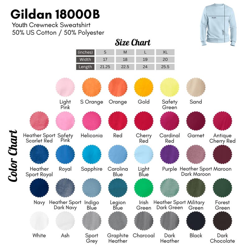 The image is a color chart for a youth crewneck sweatshirt, displaying various color options available in the Gildan 18000B collection.