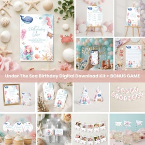May include: A digital download kit for an under-the-sea themed birthday party. The kit includes invitations, thank you tags, cupcake toppers, and a banner that says "Happy Birthday". The design features a mermaid, whale, and seahorse.