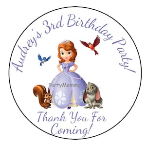12 Printed & Mailed Personalized Custom Sofia the First Birthday Party Stickers, Favors, Tags, 2.5" Round, Labels for Lollipops