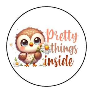 May include: A round sticker with a cartoon owl holding a daisy. The owl has large blue eyes and brown feathers. The text "Pretty things inside" is written in coral and brown. The word "Sample" is written on the owl.