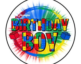 Birthday Boy Building Blocks Stickers, Favor labels, tags, 1.5", Round, (30 Count), Blue, Red, Green, Yellow