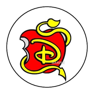 May include: A circular graphic featuring a bright red apple with a bite taken out of the left side. A yellow, stylized letter D is superimposed over the apple, with a tail extending from the letter that curves around the apple. The word SAMPLE is printed in small, light gray text on the lower right side of the apple.