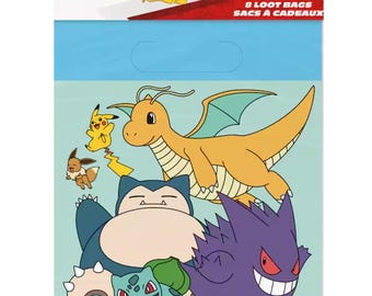 8 (Licensed) Pokemon Loot Favor Treat Bags, Birthday Party, 9" x 7.25" each, Plastic