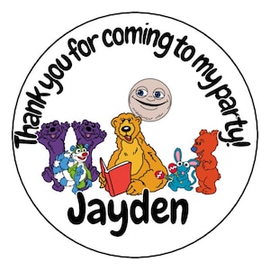 May include: A circular sticker featuring a group of colorful cartoon animals including a large yellow bear reading a red book, a blue mouse with maracas, a red bear, and two purple otters. Above is a smiling moon and the text Thank you for coming to my party! and Jayden.