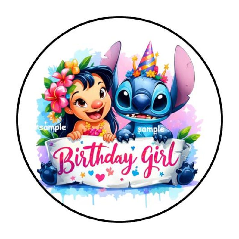 Lilo & Stitch Birthday Girl Stickers, Favor Labels, Tags, 1.5