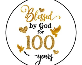100th Birthday Stickers, Favors, Tags, Labels, Envelope Seals, Stamps, 1.5" Round, Gold & black, 100 years, Blessed (30 Count)