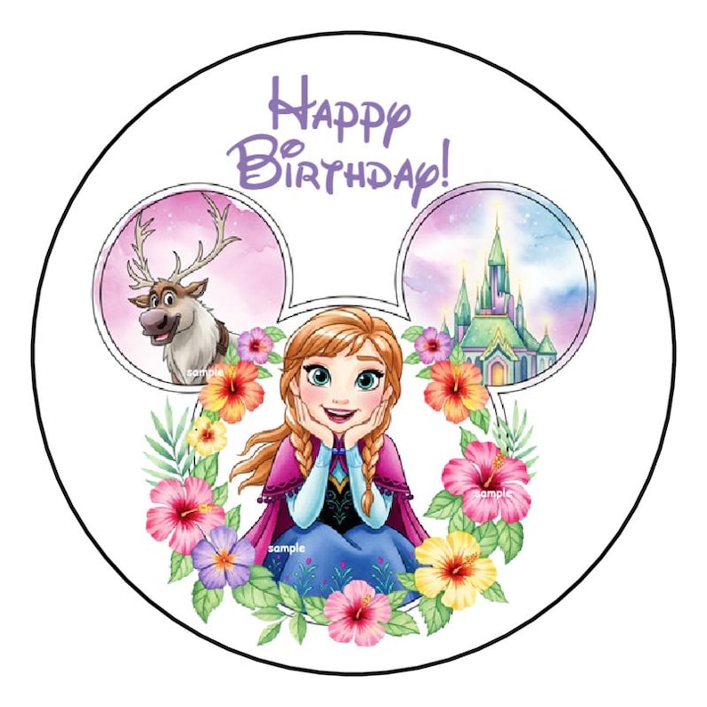 May include: A round, white sticker with a cartoon illustration. The design features Anna from Frozen, surrounded by flowers, with a reindeer and castle in the background. The text "Happy Birthday!" is written above.
