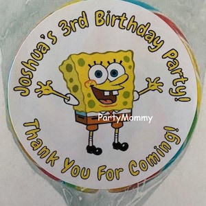 24 Custom Personalized Spongebob Themed Birthday Party Stickers, Favors, Tags, 2.5&quot; Round, Labels for Lollipops, Bags, Boxes, Patrick, Gary