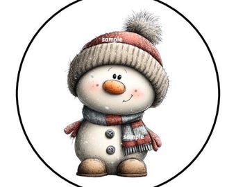 Whimsical Christmas Snowman Stickers, Favors, Tags, Labels, Envelope Seals, Stamps, 1.5" Round, (30 count), Holidays, Cute