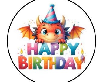 30 Happy Birthday Dragon Stickers, Favors, Tags, Labels, Envelope Seals, Stamps, 1.5" Round, Lollipop Sticker