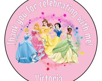 12 Printed & Mailed Personalized Custom Princess Birthday Party Stickers, Favors, Tags, 2.5" Round, Labels for Lollipops Bags, Pink
