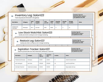 Hair Salon Inventory Tracker: Salon Supplies, Restock Log & Expiration Sheet (Editable Canva Template)