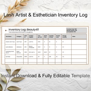 Esthetician Inventory Tracker: Supply, Restock and Expiration Log  (Editable Canva Template)
