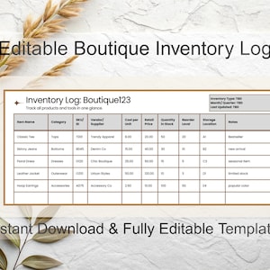 Boutique Bestands-Tracker: Bekleidung & Accessoires, Restock Log (bearbeitbare Canva-Vorlage)