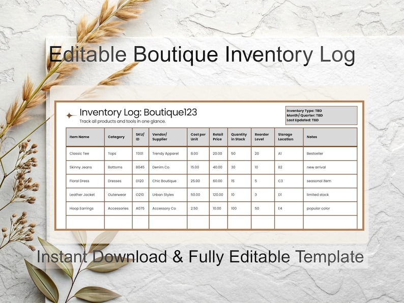 Boutique Inventory Tracker: Clothing & Accessories, Restock Log ...