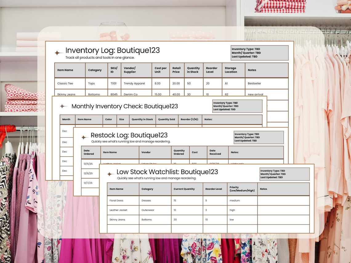 Boutique Inventory Tracker: Clothing & Accessories, Restock Log ...