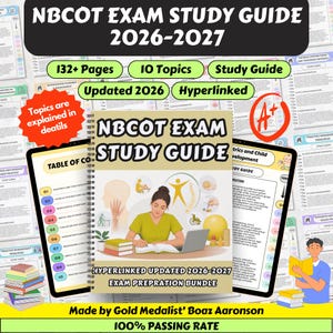 May include: A spiral-bound NBCOT Exam Study Guide 2026-2027 featuring a central illustration of a person studying at a desk with medical icons. The cover includes the text NBCOT EXAM STUDY GUIDE, HYPERLINKED UPDATED 2026-2027 EXAM PREPRATION BUNDLE.