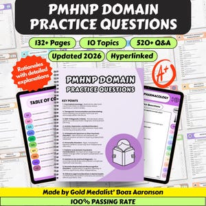 Puede incluir: Una guía de estudio digital titulada "PMHNP Domain Practice Questions" con más de 132 páginas, 10 temas y más de 520 preguntas y respuestas. Actualizada para 2026 e hipervinculada. La portada presenta un icono de libro y el texto "PMHNP Domain Practice Questions".
