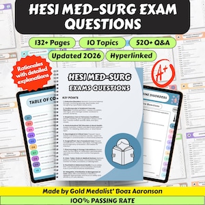 Pode incluir: Um guia de estudo intitulado "HESI MED-SURG EXAM QUESTIONS" com mais de 132 páginas, 10 tópicos e mais de 520 perguntas e respostas. Atualizado para 2026 e com hiperlinks. A imagem também mostra um tablet com o texto "RINE DISORDERS".