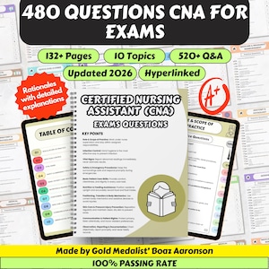 Può includere: Una guida allo studio per gli esami di Assistente Infermieristico Certificato (CNA). La copertina mostra "CERTIFIED NURSING ASSISTANT (CNA) EXAMS QUESTIONS". Include 132+ pagine, 10 argomenti e oltre 520 domande e risposte, aggiornato al 2026. Tasso di superamento del 100%.