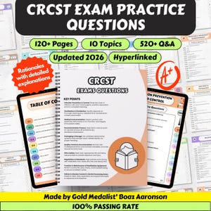 Puede incluir: Imagen promocional de una guía de estudio titulada "CRCST Exam Practice Questions". La guía presenta más de 120 páginas, 10 temas y más de 520 preguntas y respuestas, actualizada para 2026. La imagen incluye una tableta y un cuaderno con explicaciones detalladas.