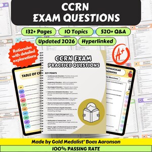Pode incluir: Imagem de questões de exame CCRN, incluindo um livro e tablets. O livro é branco com texto preto, listando os pontos-chave. Os tablets exibem questões de exame e sumários. A imagem inclui texto como "132+ páginas", "Atualizado 2026" e "100% de taxa de aprovação".