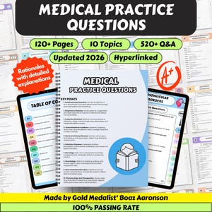 May include: A medical study guide titled "Medical Practice Questions" with 120+ pages, 10 topics, and 520+ Q&A. The guide is updated for 2026 and hyperlinked. Includes a tablet with "Table of Contents" and another with "Cardiovascular Disorders".