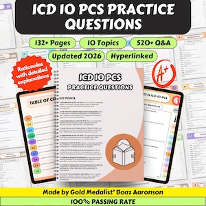 May include: A stack of study materials for ICD-10-PCS practice questions. The materials include a spiral-bound book and two tablets displaying practice questions and key points. The cover of the book reads "ICD 10 PCS Practice Questions". The materials are updated for 2026.