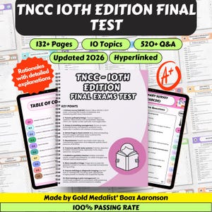 Op de afbeelding: Een medische studiehandleiding getiteld "TNCC 10th Edition Final Test" met 132+ pagina's, 10 onderwerpen en meer dan 520 vragen en antwoorden. De gids is bijgewerkt voor 2026 en bevat hyperlinks. De cover toont de tekst "TNCC - 10th Edition Final Exams Test".