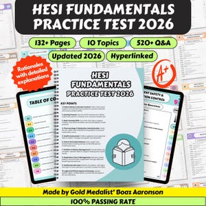May include: A textbook titled "HESI Fundamentals Practice Test 2026" with 132+ pages, 10 topics, and 520+ Q&A. The cover features the title and a graphic of a person reading a book. Includes "Updated 2026" and "Hyperlinked" text. Also includes "100% Passing Rate".