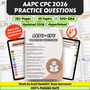 Może przedstawiać: Książka z pytaniami praktycznymi AAPC CPC 2026 z ponad 132 stronami, 10 tematami i ponad 520 pytaniami i odpowiedziami. Zawiera zaktualizowaną treść z 2026 roku i jest hiperłączona. Zawiera szczegółowe wyjaśnienia i spis treści. Wykonane przez Gold Medalist Boaz Aaronson z 100% wskaźnikiem zdawalności.