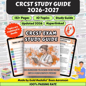 Può includere: Una guida allo studio per l'esame CRCST 2026-2027 con rilegatura a spirale, copertina color pesca e illustrazione di un operatore sanitario con tablet. Il testo indica 132+ pagine, 10 argomenti e specifica che è aggiornato e ipercollegato.