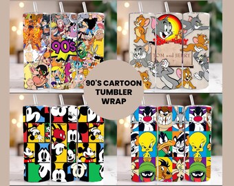 90s Tumbler Wrap Bundle, Instant Download 20oz Tumbler PNG Wraps Design, Digital 90 s Cartoon 20 oz Skinny Tumblers Designs Template