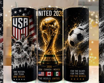 Diseño de vaso para la Copa Mundial de la FIFA 2026, aficionados al fútbol de EE. UU., Canadá y México, impresión digital por sublimación en formato PNG, diseño de fútbol para la Copa Mundial 2026.