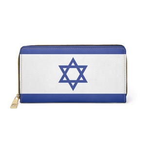 Israëlische vlag portemonnee Premium rits portemonnee veganistisch leer Israël thema portemonnee Joodse accessoires cadeau portemonnee cadeau voor haar judaica