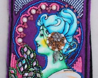 Alphonse Mucha Beaded Patch - Handmade Wool and Velcro Decorated with Gems