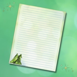 May include: A lined notepad with a green and white design. A green illustration of a wolf and crystal is in the lower left corner. The notepad has a light green border and blue lines. The background is a gradient of green.