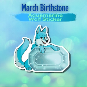 Waterproof Vinyl Sticker Wolf Design Design Blue Crystal Aquamarine Birthstone March Birthday Wolf Pack Fantasy Animal Birthday Gift For Her