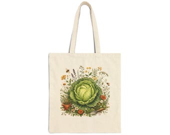 Cottage Cabbage Garden Cotton Canvas Tote Bag, Double-Sided Cottagecore Gardener Bag