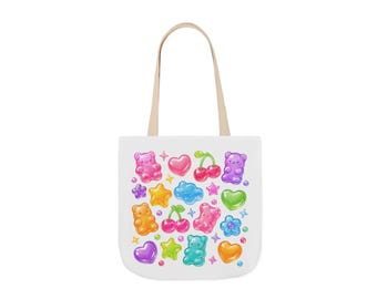 Borsa tote in tela con tracolla a 5 colori, colorata e graziosa, a tema caramelle gommose.