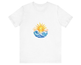 Maglietta Kawaii Sole e Oceano, Maglietta con Alba sulla Spiaggia, Regalo Estivo con Onde